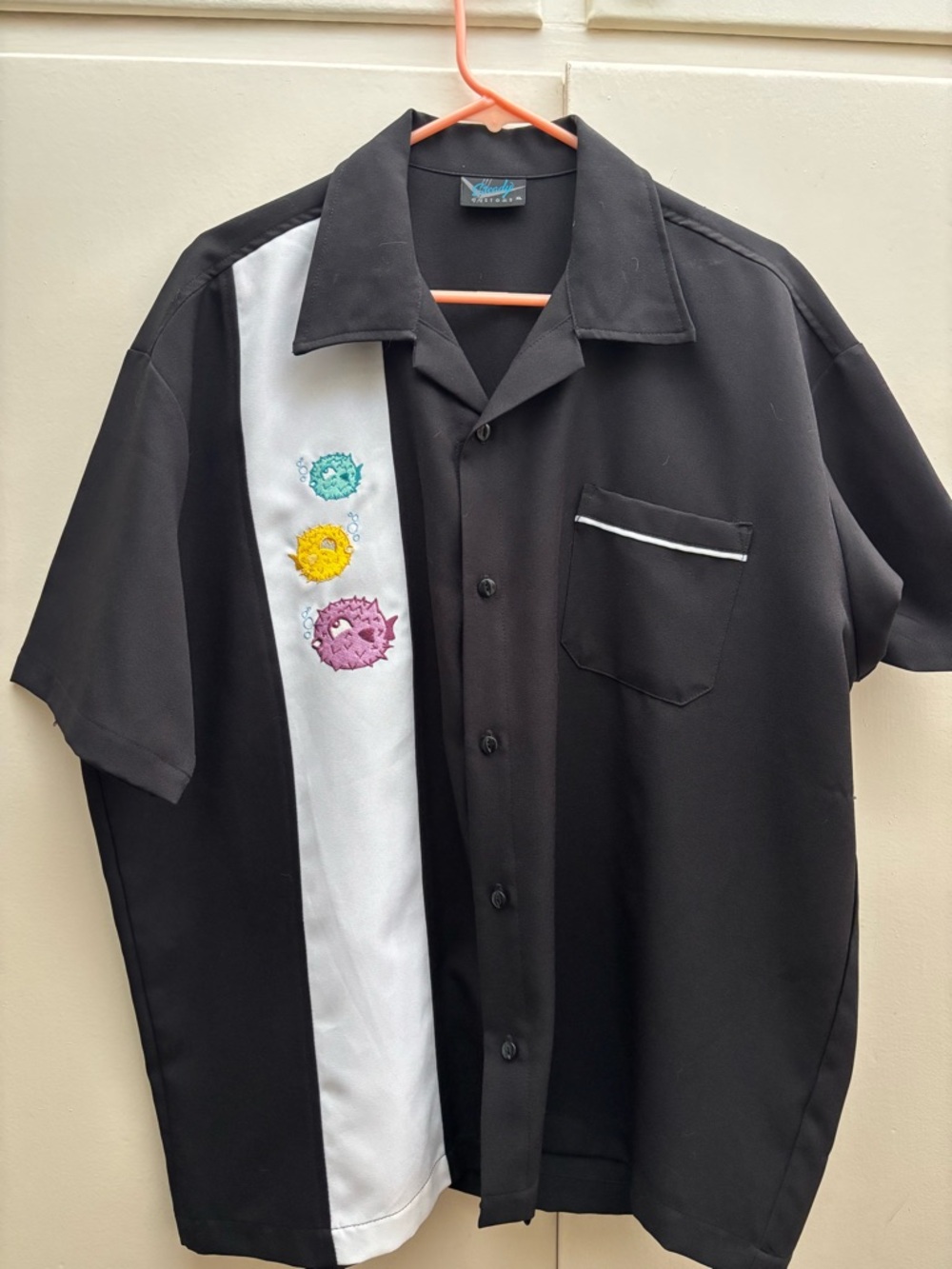 Steady/Oblong Box Shop Men's Black Short-Sleeve Bowling Shirt with White Panel